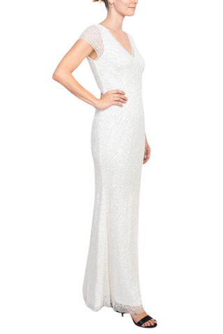 Adrianna Papell Sequin Beaded Short Sleeve V-Neck Mermaid Gown - IVORY - Side