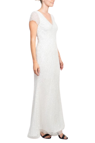 Adrianna Papell Sequin Beaded Short Sleeve V-Neck Mermaid Gown - IVORY - Side view