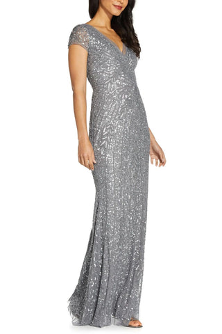 Adrianna Papell Sequin Beaded Short Sleeve V-Neck Mermaid Gown - STERLING - Side