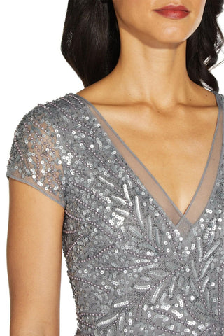 Adrianna Papell Sequin Beaded Short Sleeve V-Neck Mermaid Gown - STERLING - Fabric 