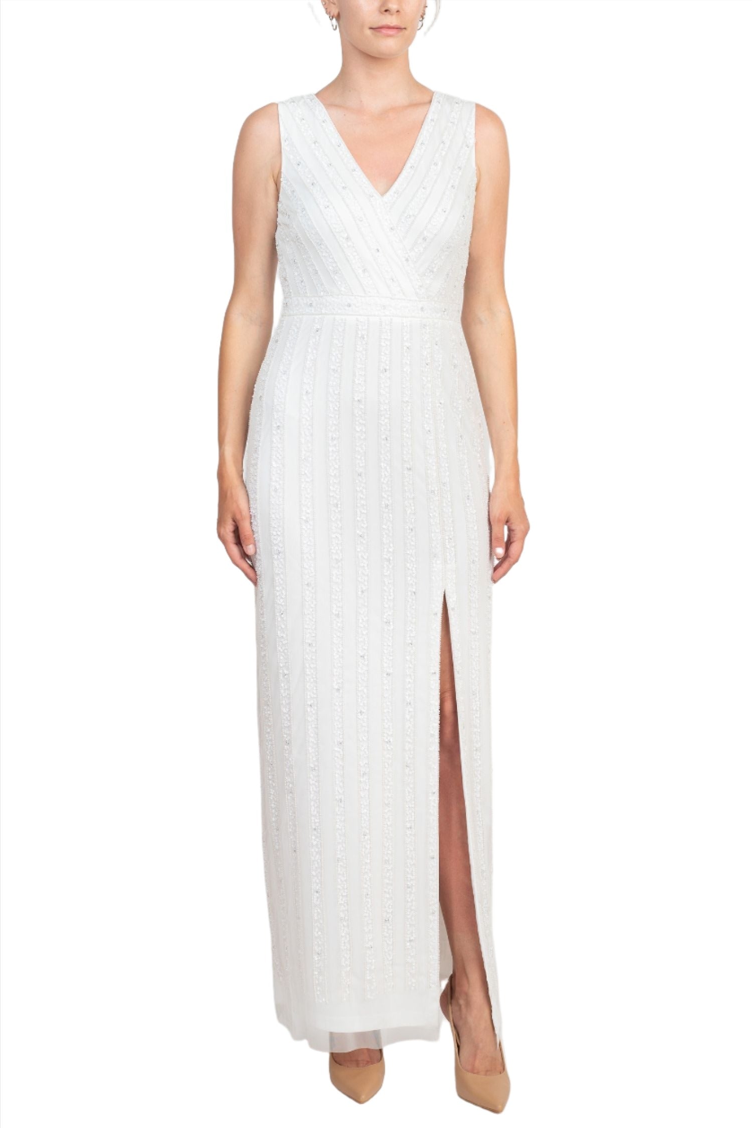 Adrianna Papell V-Neck Beaded & Sequined Sleeveless Banded Waist Slit Front Zipper Back Mesh Dress | Available at Curated Brands in Los Angeles Adrianna Papell V-Neck Beaded & Sequined Sleeveless Banded Waist Slit Front Zipper Back Mesh Dress | Available at Curated Brands in Los Angeles