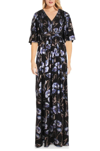 Adrianna Papell V-Neck Bell Sleeve Ruched Slit Front Zipper Back Metallic Floral Print CDC Gown