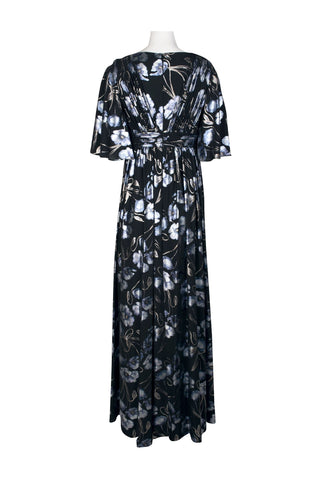 Adrianna Papell V-Neck Bell Sleeve Ruched Slit Front Zipper Back Metallic Floral Print CDC Gown