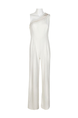 Adrianna Papell Embellished One Shoulder Zipper Side Straight Leg Solid Jumpsuit - IVORY - Front view