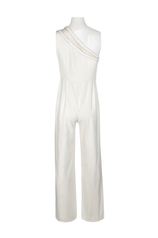 Adrianna Papell Embellished One Shoulder Zipper Side Straight Leg Solid Jumpsuit - IVORY - Back view