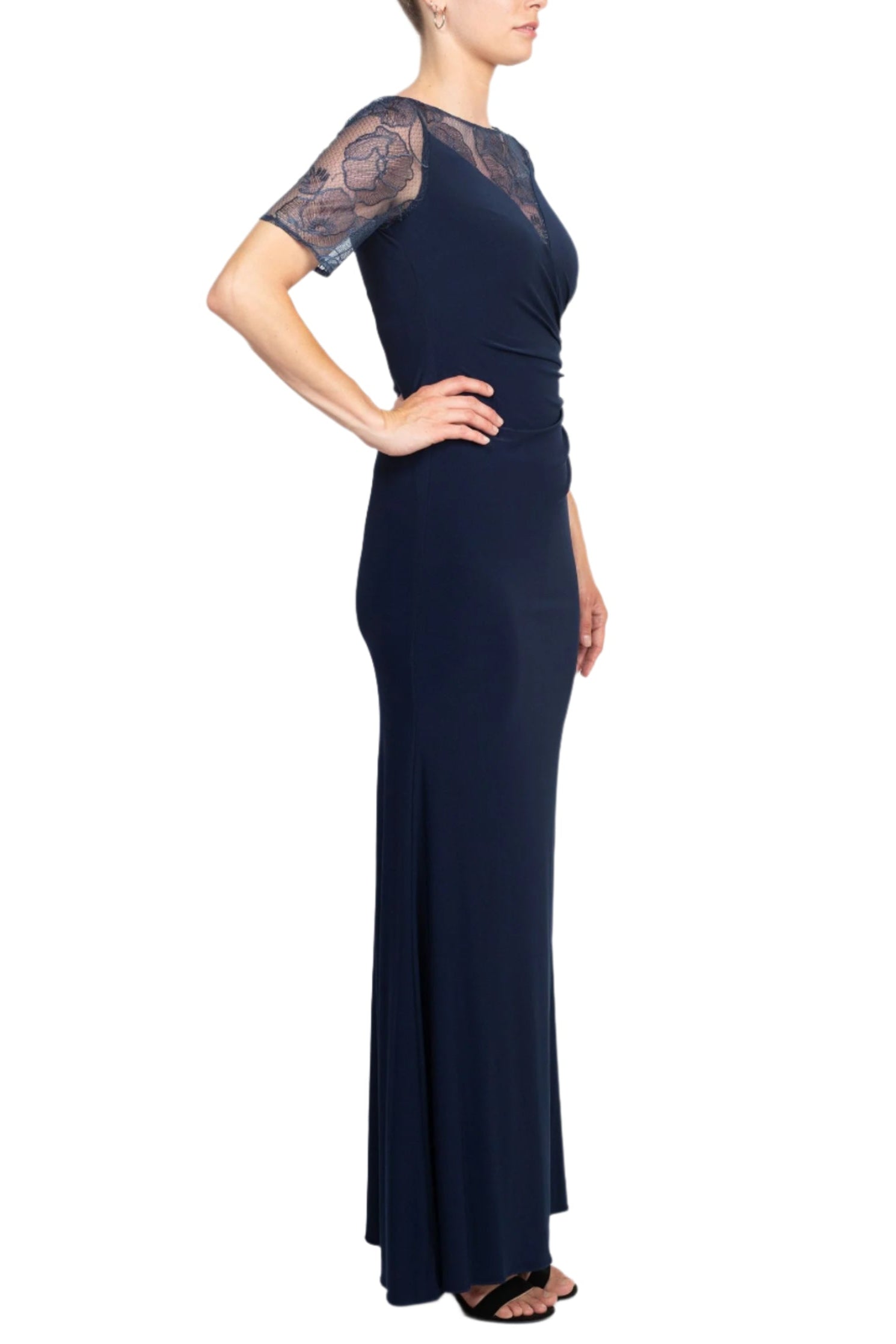 Adrianna Papell Embroidered Illusion Boat Neck Short Sleeve Gathered Side Zipper Back Lace Gown | Available at Curated Brands in Los Angeles Adrianna Papell Embroidered Illusion Boat Neck Short Sleeve Gathered Side Zipper Back Lace Gown | Available at Curated Brands in Los Angeles