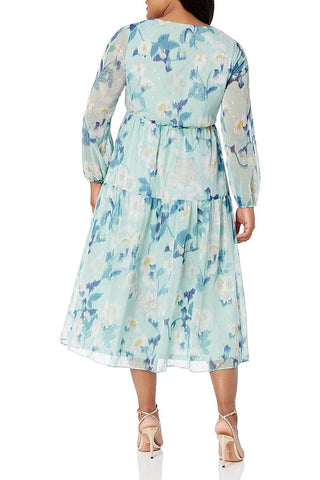 Adrianna Papell V-Neck Long Sleeve High Waist Floral Print Tiered Chiffon Dress