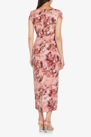 Adrianna Papell V-Neck Cap Sleeve Gathered Front Zipper Back Ribbed Column Floral Print Metallic Dress