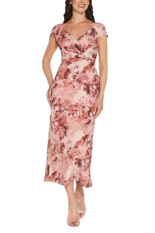 Adrianna Papell V-Neck Cap Sleeve Gathered Front Zipper Back Ribbed Column Floral Print Metallic Dress