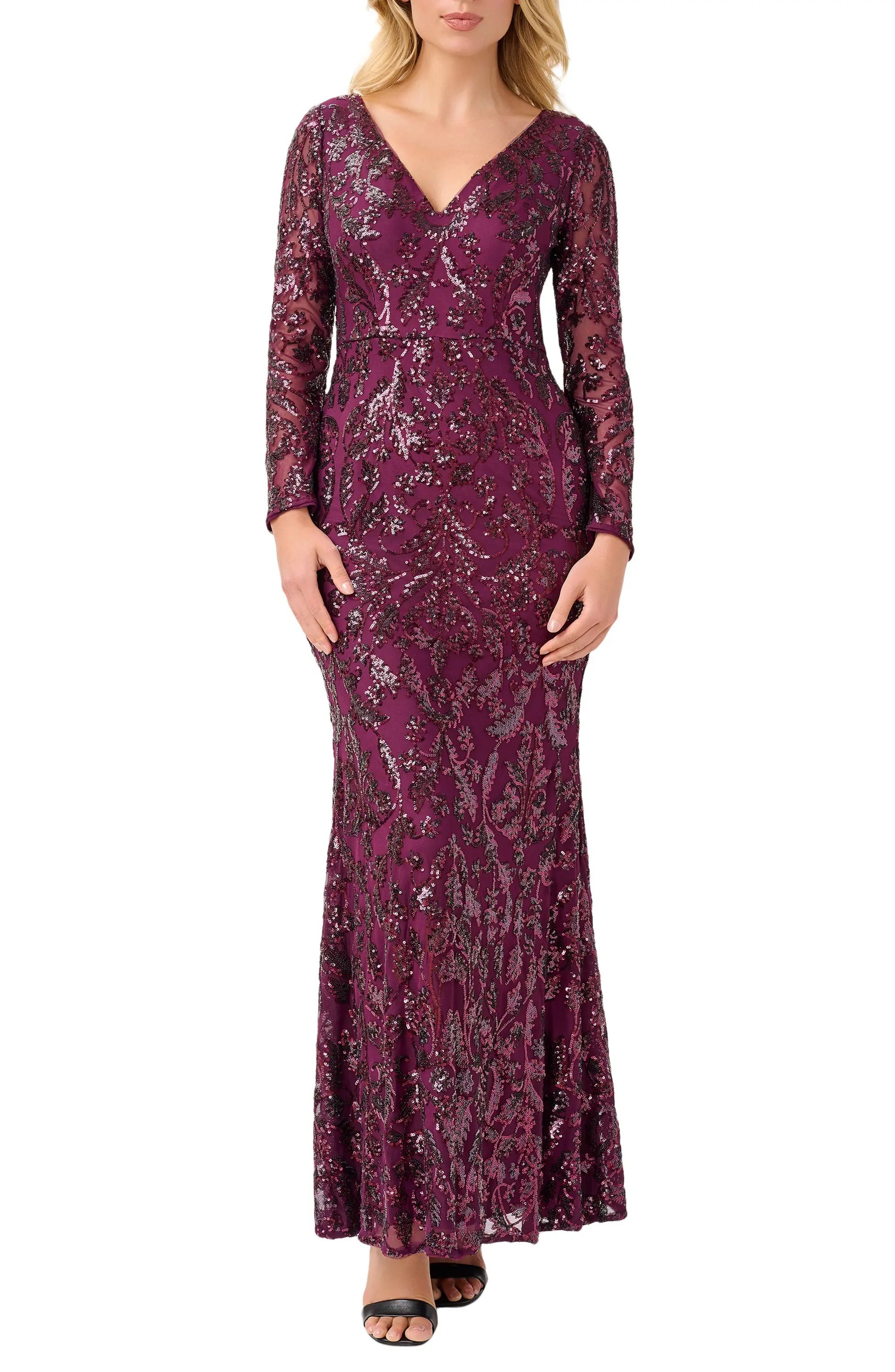 Adrianna Papell V-Neck Long Sleeve Mermaid Sequined Mesh Knit Gown | Available at Curated Brands in Los Angeles Adrianna Papell V-Neck Long Sleeve Mermaid Sequined Mesh Knit Gown | Available at Curated Brands in Los Angeles