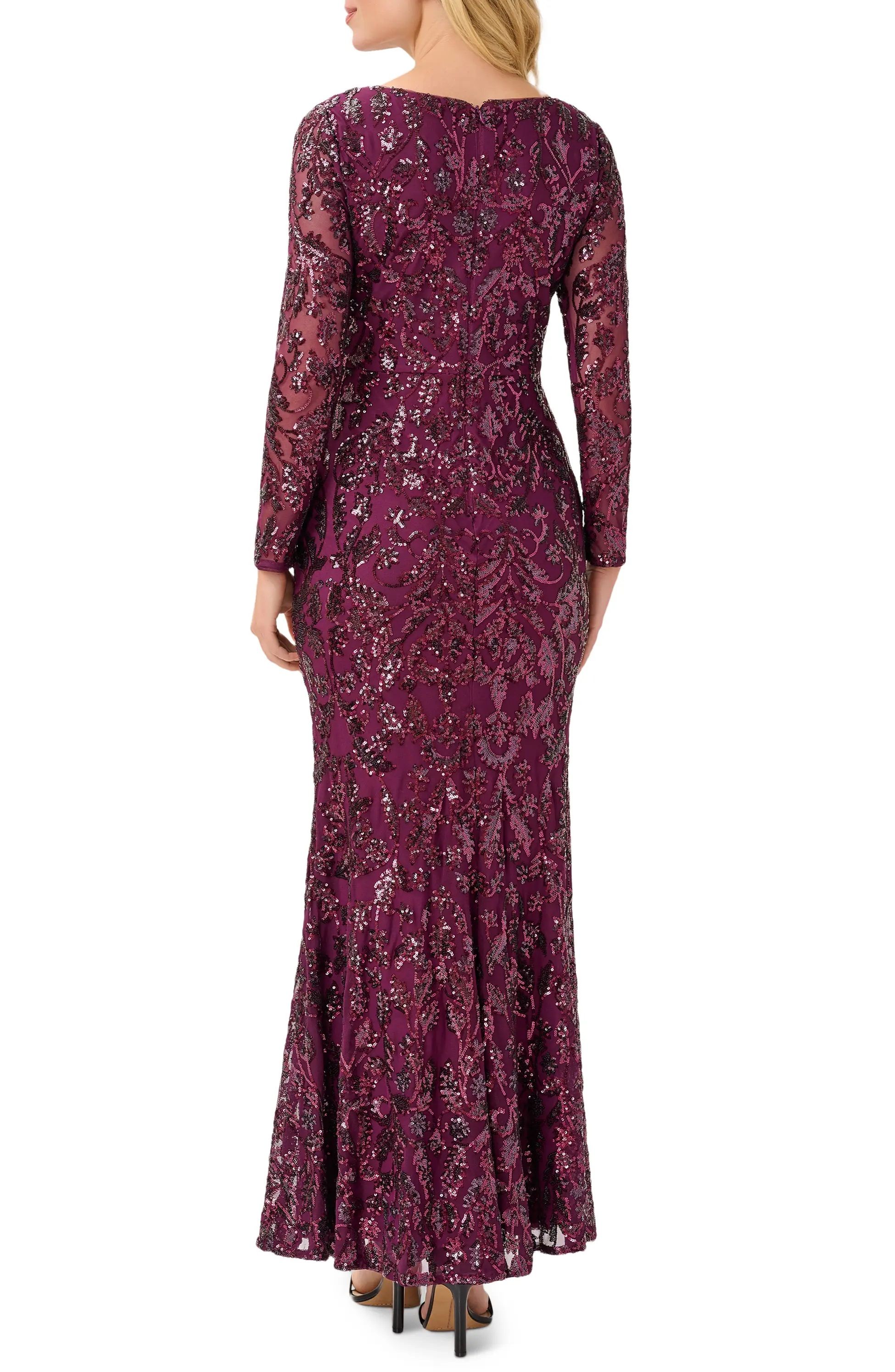 Adrianna Papell V-Neck Long Sleeve Mermaid Sequined Mesh Knit Gown | Available at Curated Brands in Los Angeles Adrianna Papell V-Neck Long Sleeve Mermaid Sequined Mesh Knit Gown | Available at Curated Brands in Los Angeles