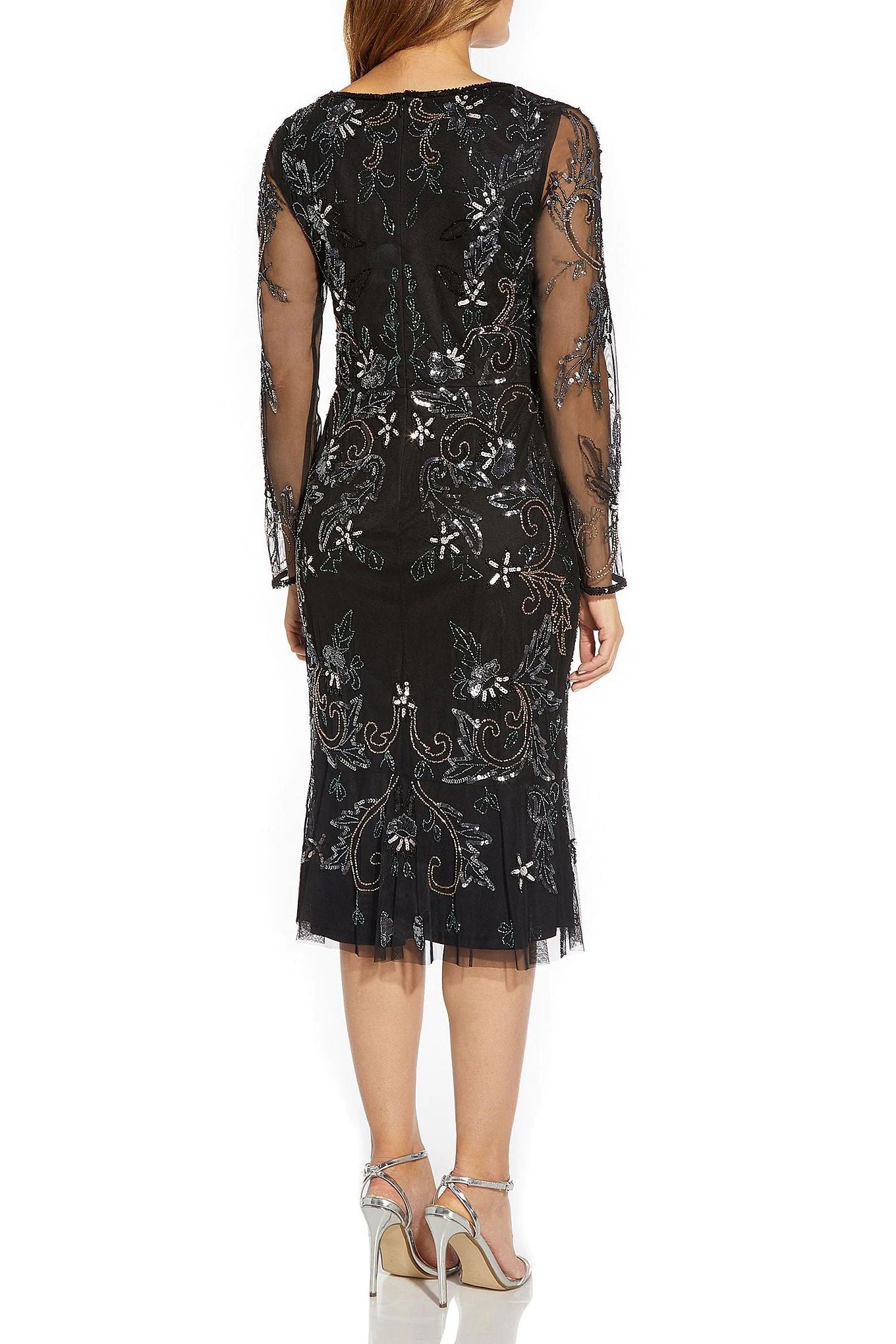 Adrianna Papell Sweetheart Neck Back Zipper Long Sleeves Beaded Midi Dress | Available at Curated Brands in Los Angeles Adrianna Papell Sweetheart Neck Back Zipper Long Sleeves Beaded Midi Dress | Available at Curated Brands in Los Angeles