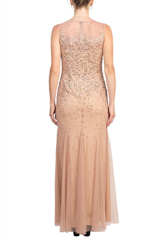 Adrianna Papell Illusion Crew Neck Sleeveless Beaded Sequined Sheath Zipper Back Godet Mesh Dress | Available at Curated Brands in Los Angeles Adrianna Papell Illusion Crew Neck Sleeveless Beaded Sequined Sheath Zipper Back Godet Mesh Dress | Available at Curated Brands in Los Angeles