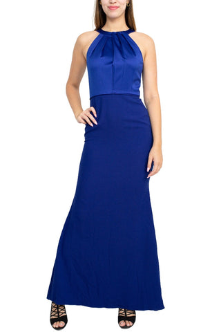 Adrianna Papell Halter Neck Sleeveless Empire Waist Tie Back Zipper Back Bodycon Solid Crepe Dress - Electric Blue - Front full view