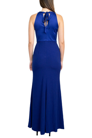 Adrianna Papell Halter Neck Sleeveless Empire Waist Tie Back Zipper Back Bodycon Solid Crepe Dress - Electric Blue - Back 