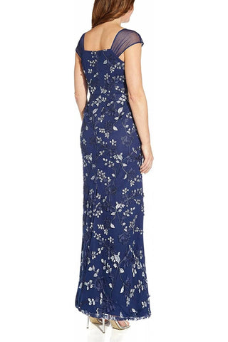 Adrianna Papell Square Neck Cap Sleeve Empire Waist Zipper Back Floral Embellished Long Mesh Dress