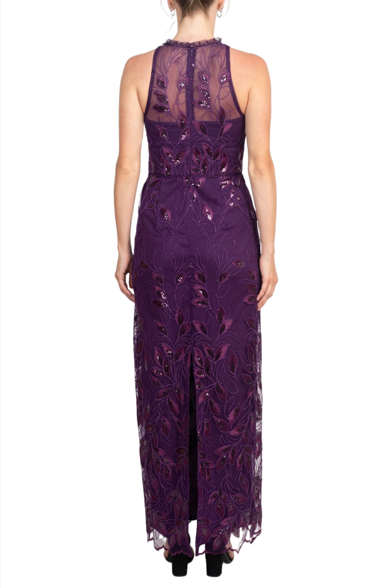 Adrianna Papell Ruffled Halter Neck Sleeveless Embroidered Empire Waist Zipper Back Slit Back Mesh Gown | Available at Curated Brands in Los Angeles Adrianna Papell Ruffled Halter Neck Sleeveless Embroidered Empire Waist Zipper Back Slit Back Mesh Gown | Available at Curated Brands in Los Angeles