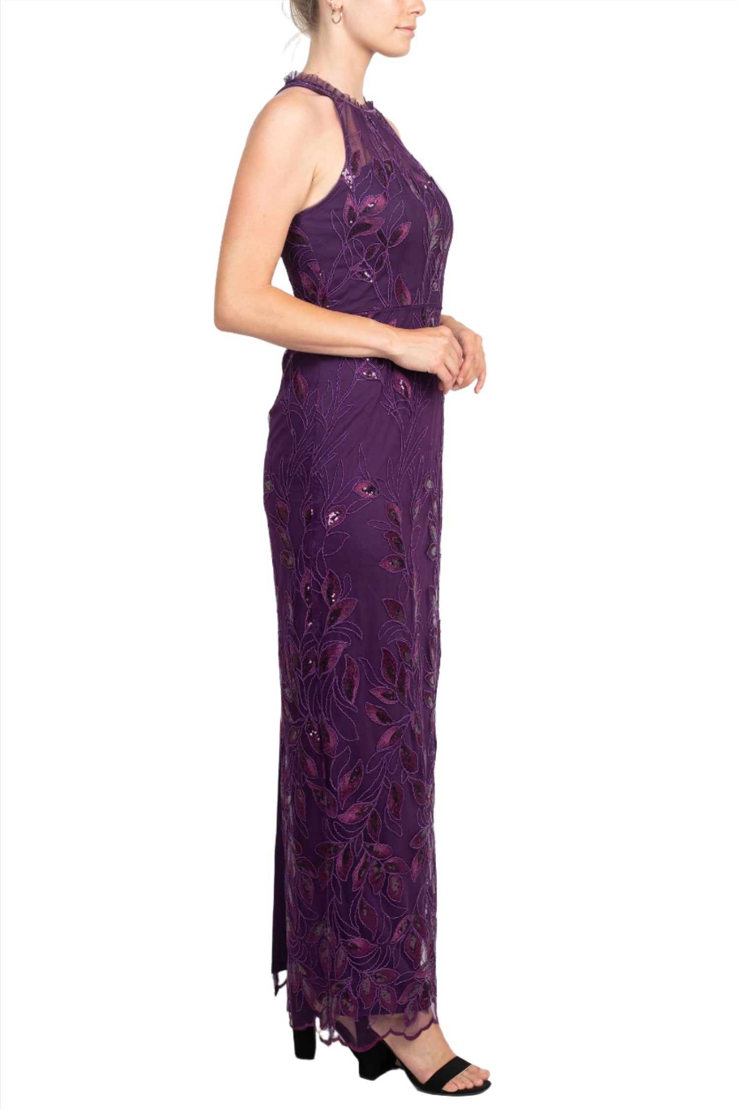 Adrianna Papell Ruffled Halter Neck Sleeveless Embroidered Empire Waist Zipper Back Slit Back Mesh Gown Adrianna Papell Ruffled Halter Neck Sleeveless Embroidered Empire Waist Zipper Back Slit Back Mesh Gown