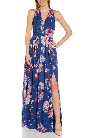 Adrianna Papell V- Neck Sleeveless Back Zipper Side Open Slit Long Floral Dress