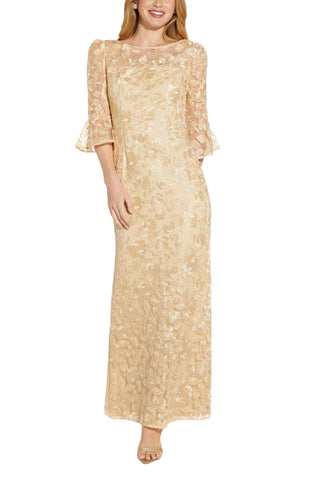 Adrianna Papell Boat Neck Back Zipper 3/4 Bell Sleeves Embroidered Long Gown | Available at Curated Brands in Los Angeles Adrianna Papell Boat Neck Back Zipper 3/4 Bell Sleeves Embroidered Long Gown | Available at Curated Brands in Los Angeles