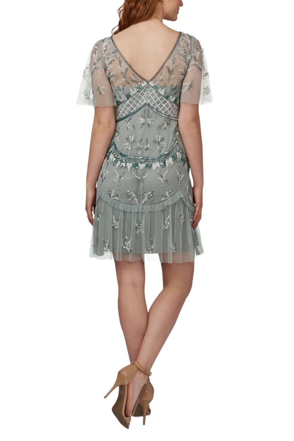 Adrianna Papell Boat Neck Flutter Sleeve Illusion Hand Embellished Zipper Back Mesh Dress | Available at Curated Brands in Los Angeles Adrianna Papell Boat Neck Flutter Sleeve Illusion Hand Embellished Zipper Back Mesh Dress | Available at Curated Brands in Los Angeles