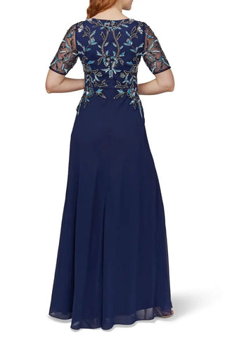 Adrianna Papell Jewel Neck Short Sleeve Zipper Back Floral Embellishments along with illusion Bodice