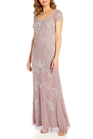 Adrianna Papell Sweetheart Neck Short Sleeves Back Zipper Beaded Long Dress - DUSTY PETAL IVORY - Side