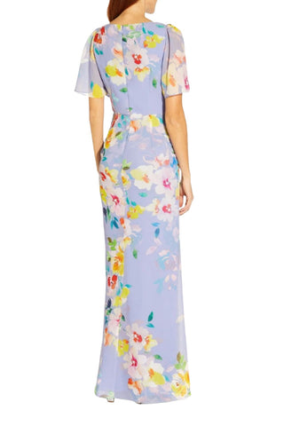 Adrianna Papell Boat Neck Short Flutter Sleeves Back Zipper Floral Chiffon Dress - PERI MULTI - Back 