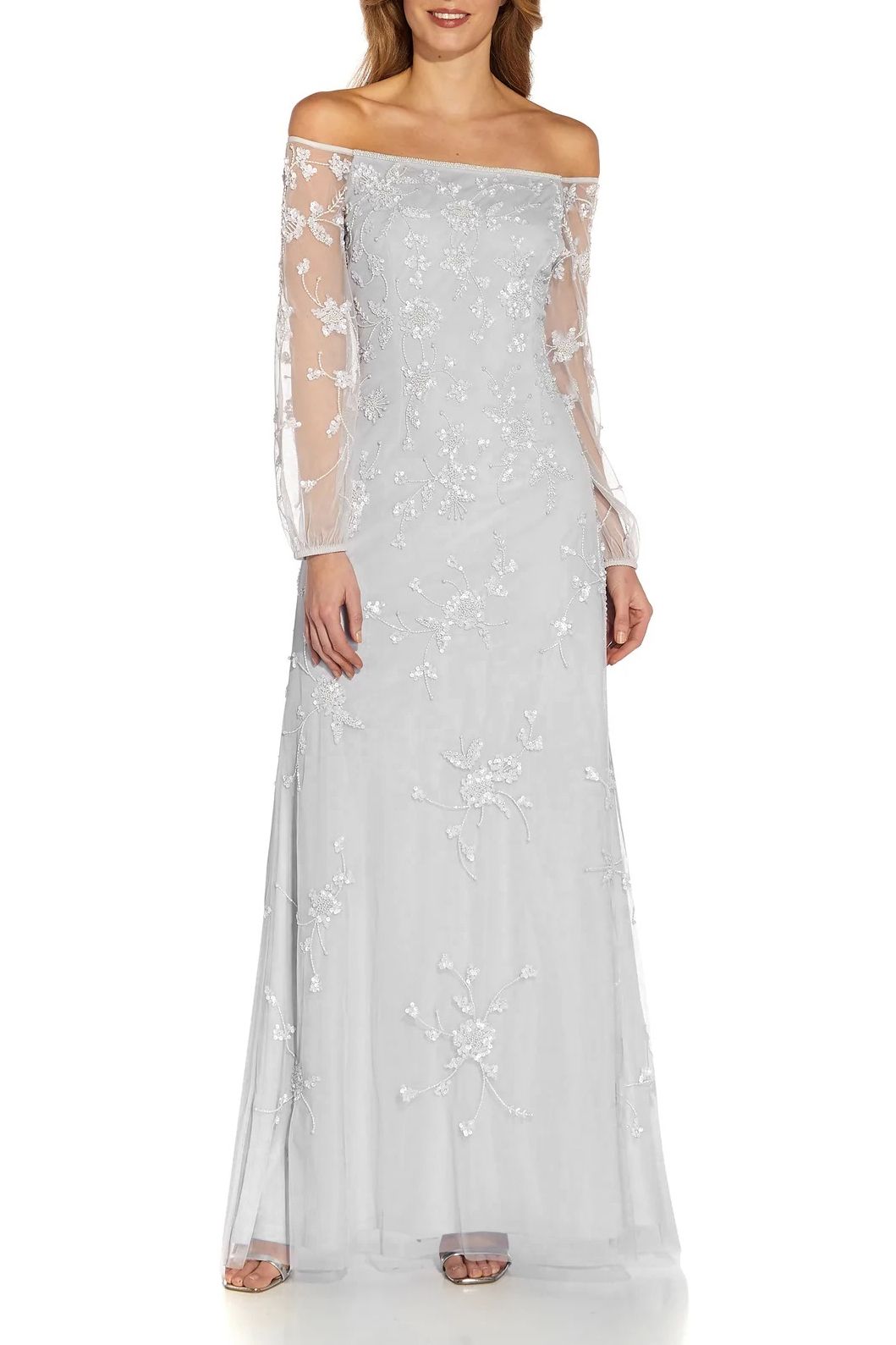 Adrianna Papell Off The Shoulder Long Sleeves Back Zipper Long Beaded Dress IVORY BISCOTTI / 4 Adrianna Papell Off The Shoulder Long Sleeves Back Zipper Long Beaded Dress IVORY BISCOTTI / 4