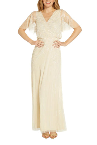 Adrianna Papell V-Neck Beaded Flutter Sleeves Back Zipper Long Chiffon Dress