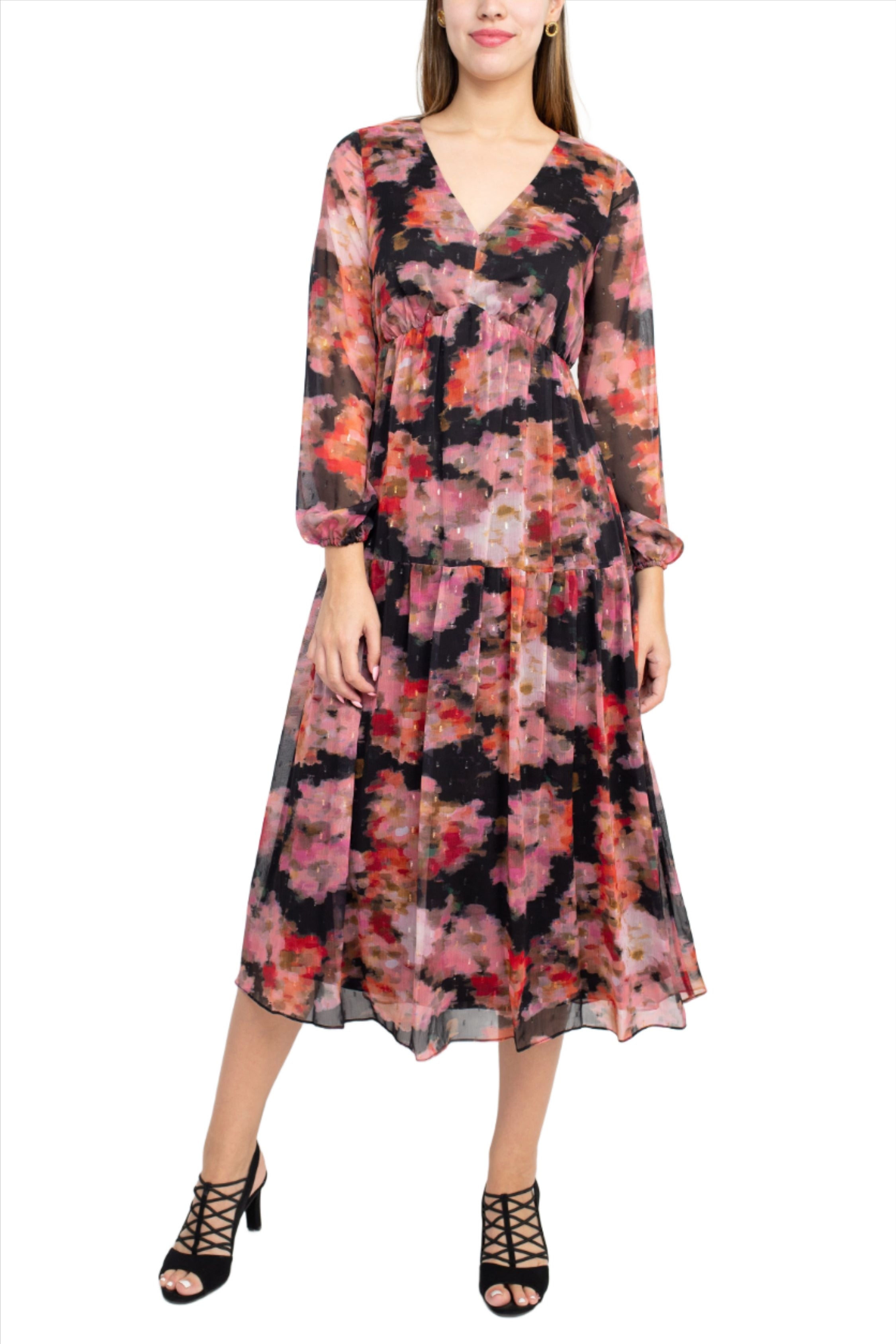 Adrianna Papell V-Neck Long Sleeve Floral Print Empire Waist Tiered Chiffon Dress | Available at Curated Brands in Los Angeles Adrianna Papell V-Neck Long Sleeve Floral Print Empire Waist Tiered Chiffon Dress | Available at Curated Brands in Los Angeles