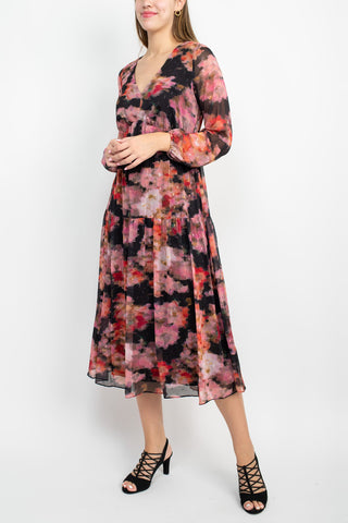 Adrianna Papell V-Neck Long Sleeve Floral Print Empire Waist Tiered Chiffon Dress