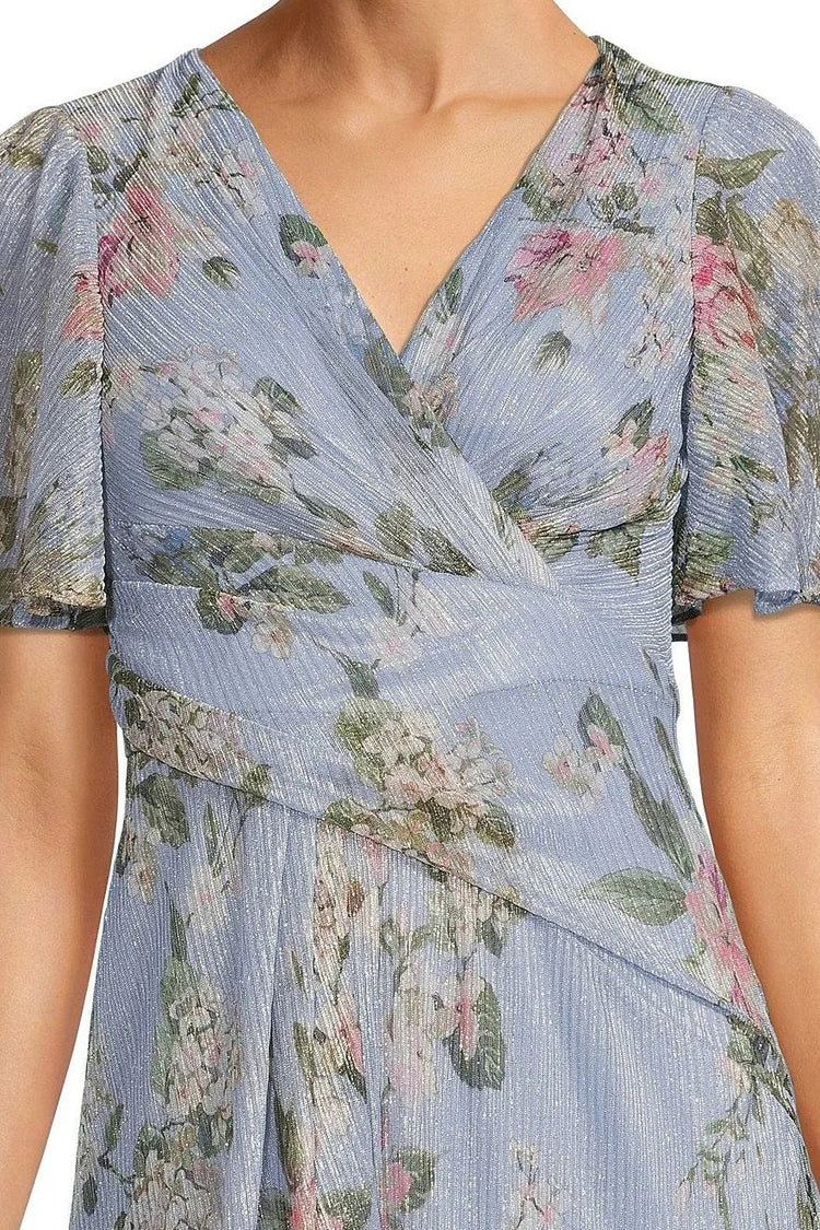 ADRIANNA PAPELL Womens Stretch Embroidered Short Sleeve V Neck Full-Length Wear To Work Gown Dress