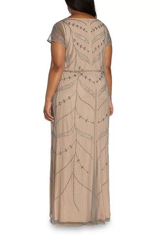 Adrianna Papell Boat Neck Short Sleeve Back Zipper Long Beaded Gown