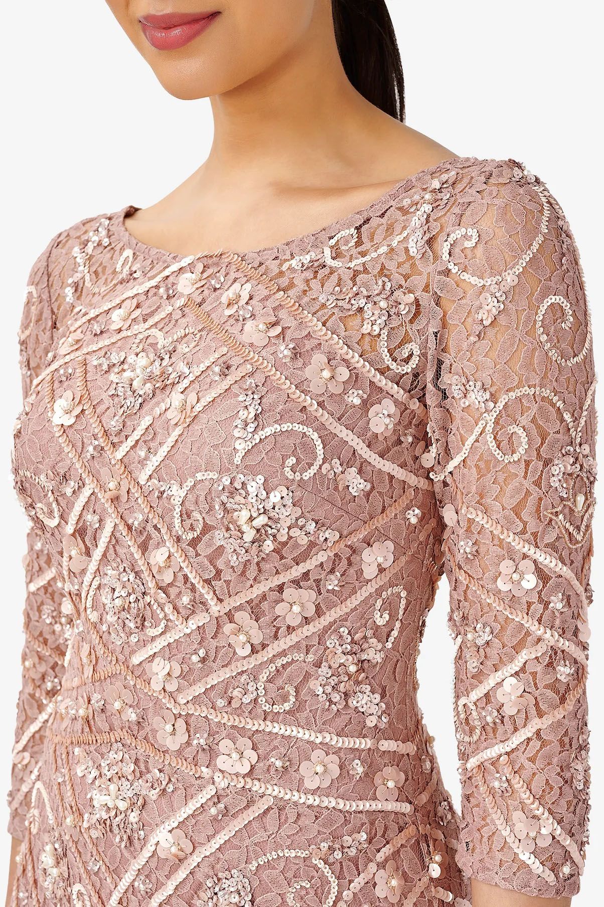Adrianna Papell Boat Neck 3/4 Sleeves Back Zipper Midi Beaded Dress Curated Brands Adrianna Papell Boat Neck 3/4 Sleeves Back Zipper Midi Beaded Dress Curated Brands