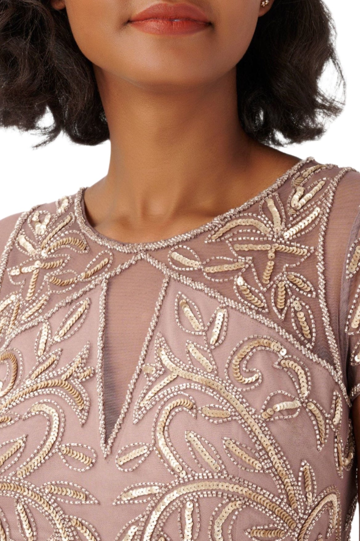Adrianna Papell Boat Neck Short Sleeves Back Zipper Short Beaded Mesh Dress Stone / 0 Adrianna Papell Boat Neck Short Sleeves Back Zipper Short Beaded Mesh Dress Stone / 0