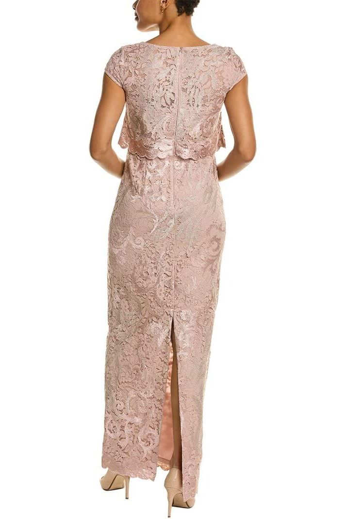 adrianna papell boat neck lace dress Adrianna Papell Boat Neck Short-Sleeve Sequined Lace Mermaid Waist Tie Long Dress