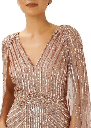 Adrianna Papell V-neck cape sleeve zipper closure sequined gown