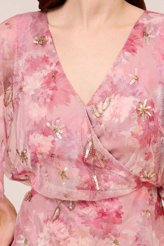 Adrianna Papell V-Neck Short Sleeve Blouson Zipper Back Embellished Floral Print Mesh Dress