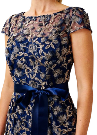 Adrianna Papell boat neck cap sleeve zipper closure tie waist floral embroidered mesh gown - NAVY ROSE GOLD - Fabric