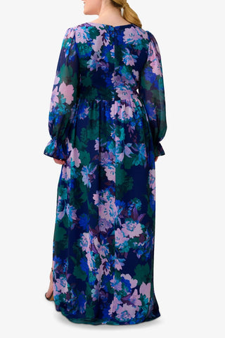 Adrianna Papell V Neck Long Sleeves With Flare Cuffs Back Zipper Side Slit Long Floral Gown