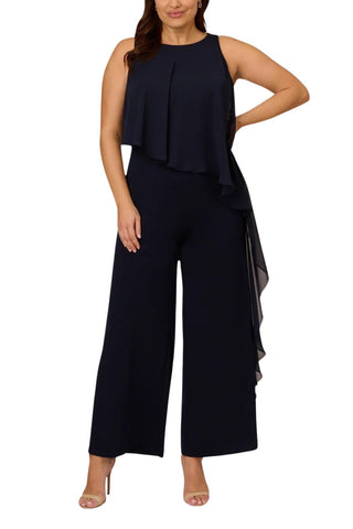 Adrianna Papell Chiffon Crepe Wide Leg Boat Neck Jumpsuit ( Plus Size ) - Midnight -  Full front view 