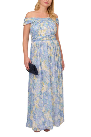 Adrianna Papell Chiffon Floral Print Off-the-Shoulder Neckline Ballgown Dress - Blue Multi_Front View2