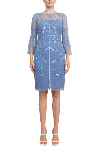 Adrianna Papell Boat Neck Circular Sleeve Beaded Zipper Back Mesh Dress | Available at Curated Brands in Los Angeles Adrianna Papell Boat Neck Circular Sleeve Beaded Zipper Back Mesh Dress | Available at Curated Brands in Los Angeles