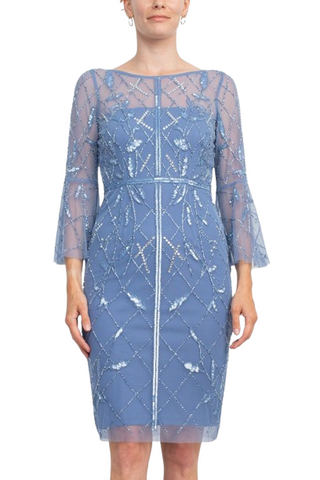 Adrianna Papell Boat Neck Circular Sleeve Beaded Zipper Back Mesh Dress - French Blue -  Front