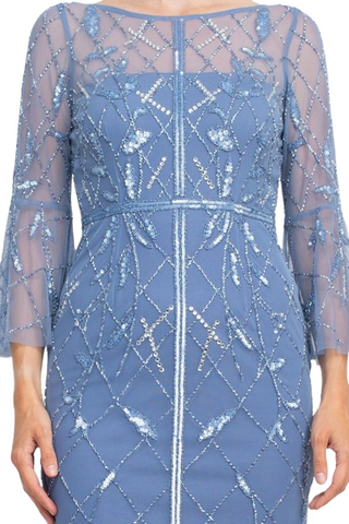 Adrianna Papell Boat Neck Circular Sleeve Beaded Zipper Back Mesh Dress - French Blue -  Fabric