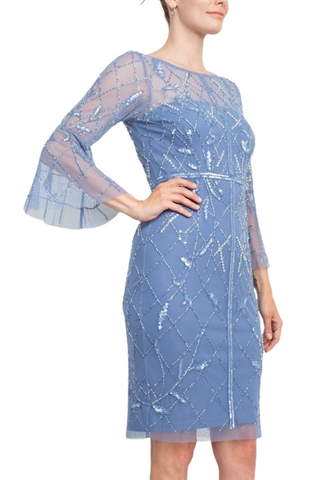 Adrianna Papell Boat Neck Circular Sleeve Beaded Zipper Back Mesh Dress - French Blue -  Side