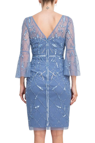 Adrianna Papell Boat Neck Circular Sleeve Beaded Zipper Back Mesh Dress - French Blue -  Back