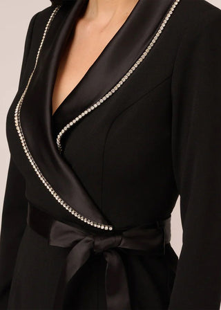 Adrianna Papell surplice neck long sleeve embellished collar tie waist zipper closure knit crepe jumpsuit