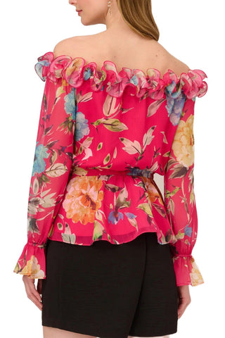 Adrianna Papell Ruffled Off-Shoulder Elastic Waist Blouson Long Sleeve Floral Print Chiffon Top